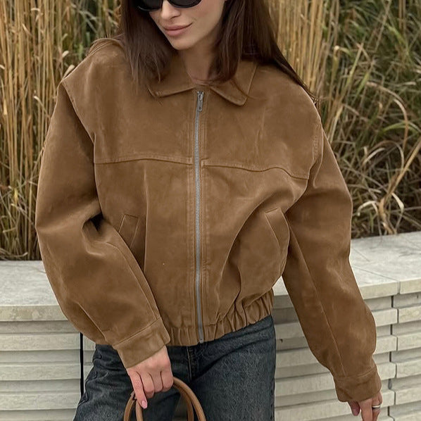 Autumn Winter Retro British Leather Coat Women Loose Zip Suede Fabric Jacket