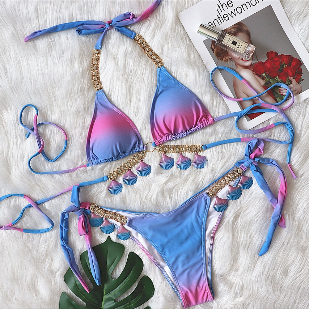 Sexy Bandage Gradient Printing Women Split Swimsuit Luxury Crystal Diamond Bikini Swimsuit Gradient Purple Color