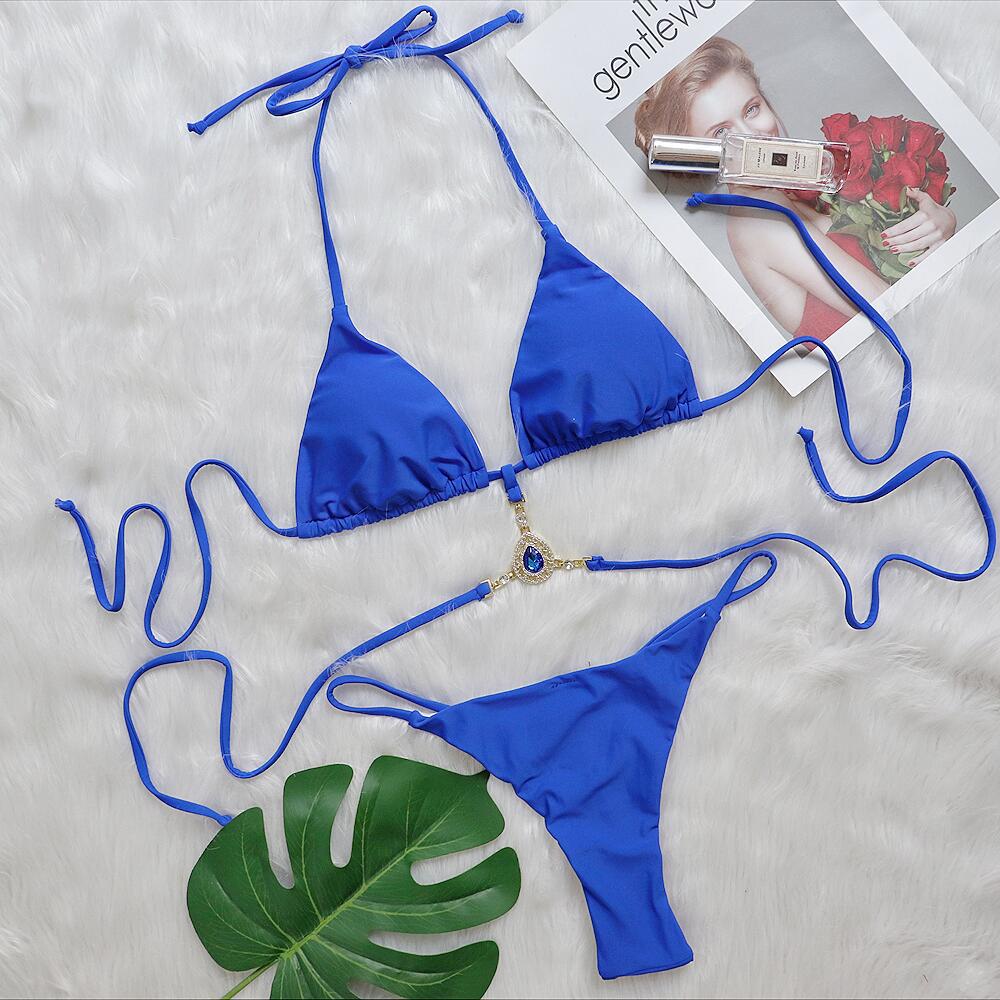 Women Swimsuit Summer Popular Bikini Crystal Diamond Sexy Beach Vacation Swimsuit Royal Blue