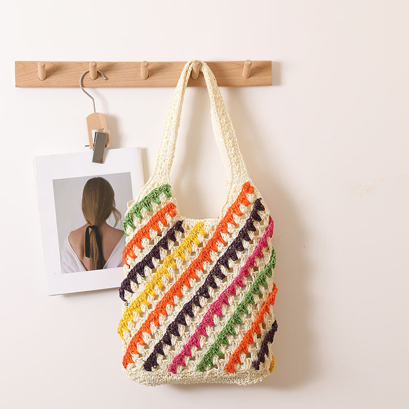 Colorful Striped Shoulder Straw Bag Hollow Out Cutout Woven Bag Vacation Beach Bag Casual Women Bag One Size Rainbow Striped White