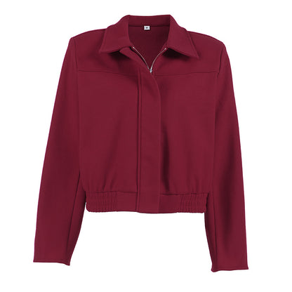 Autumn Elegant Wine Red Collared Cropped Jacket All Matching Loose Zipper Coat