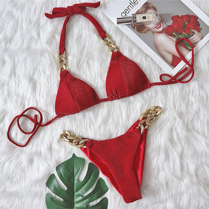 Bikini Golden Diamond Chain Split Swimsuit Sexy Special Fabric Women Swimwear textured Red