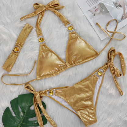 Sexy Bikini Crystal Diamond Three Piece Split Swimsuit Beach Shiny Women Swimsuit Khaki