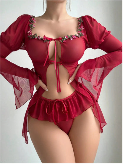 Supply Sexy Hollow Out Cutout Lace Thin Transparent Mesh Skirt Sexy Lingerie Burgundy