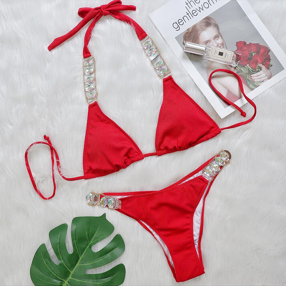 Bikini Plain Women Split Strap Luxury Diamond Swimsuit Sexy Metal Chain Accessories Swimwear Red