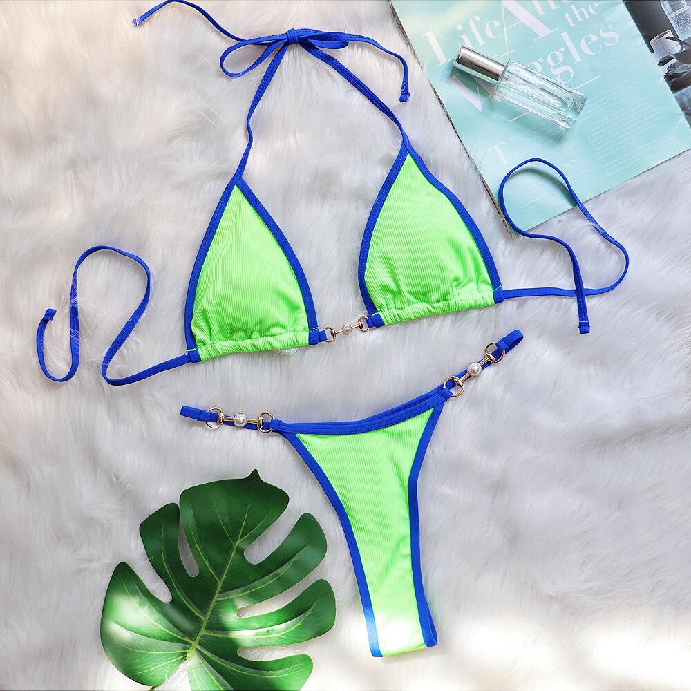 Sexy Bikini Patchwork Metal Accessories Pearl Women Split Swimsuit Vacation Swimsuit Green