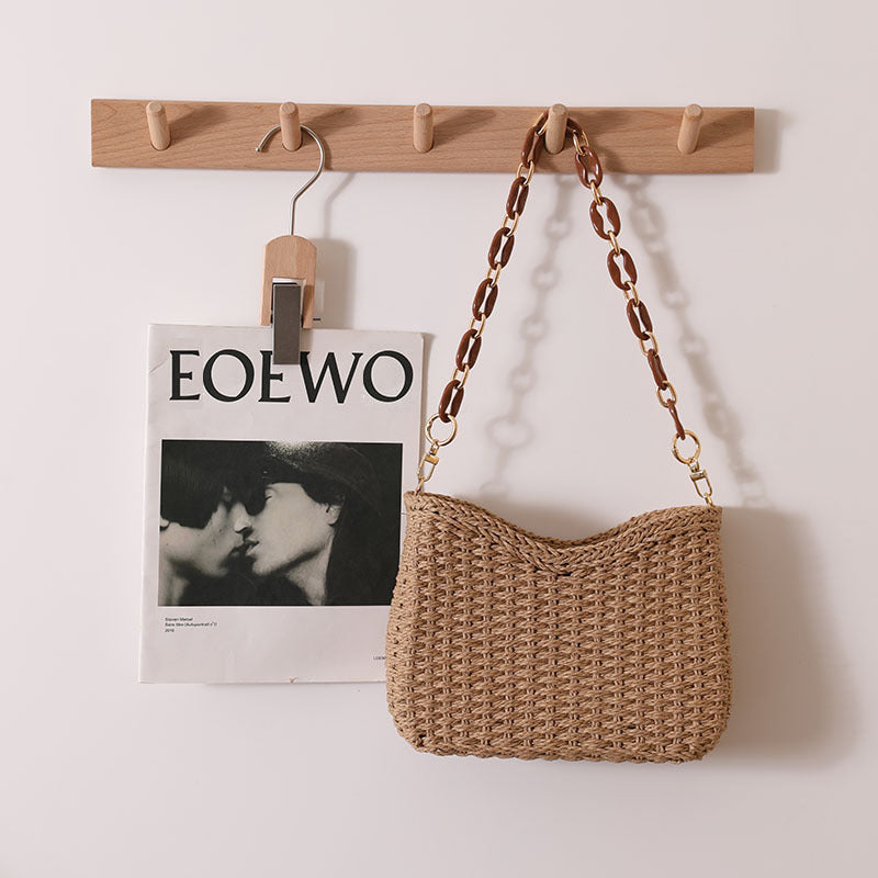 Fresh Purple Straw Bag Woven Bag Women Bag Shoulder Solid Color Straw Bag Seaside Vacation Beach Bag One Size New Year Crescent Coffee