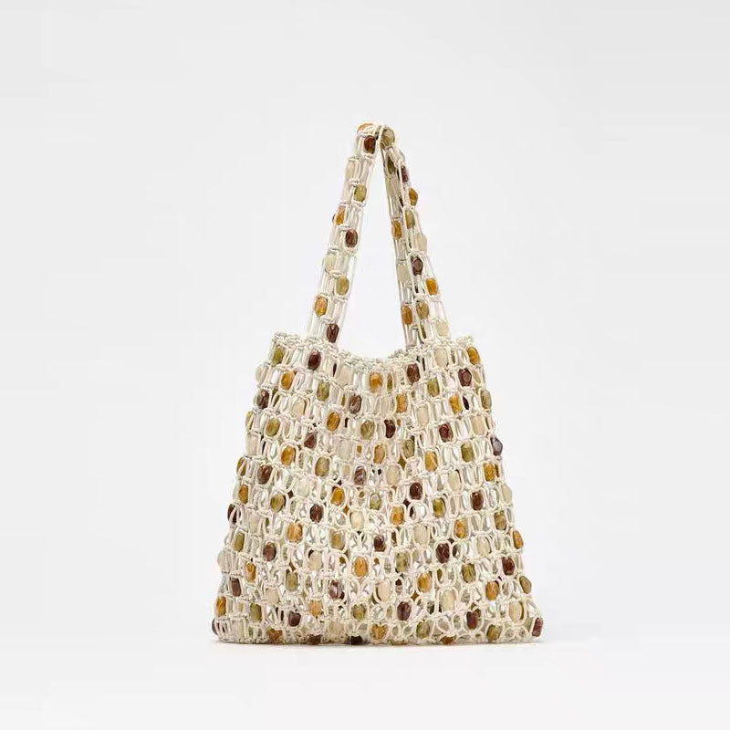 Summer Casual Beaded Bag Women Special Interest High Sense Woven Bag Plaid Hollow Out Cutout Wooden Bead Beach Bag One Size Multi