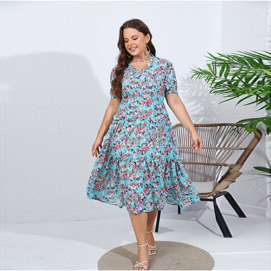 Plus Size Chiffon Dress Ruffle V Neck Elastic Waist Floral Midi Dress