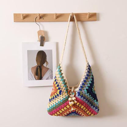 Ethnic Single Shoulder Cotton Thread Woven Bag Color Grandmother Grid Straw Bag Vacation Beach Bag Women Bag One Size Cotton Thread V-Shaped Grandmother Plaid