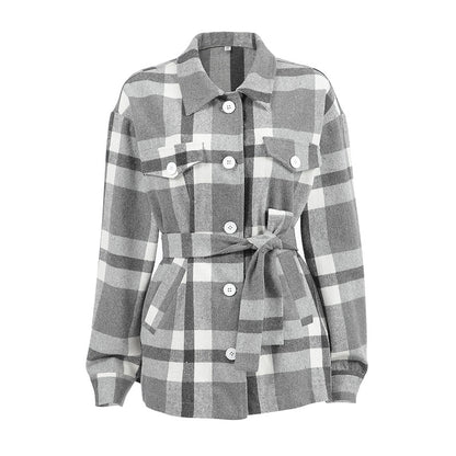 Autumn Winter Plaid Loose Fitting Collared Lace up Woolen Coat Women Overcoat