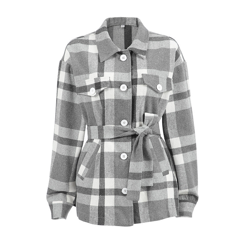 Autumn Winter Plaid Loose Fitting Collared Lace up Woolen Coat Women Overcoat