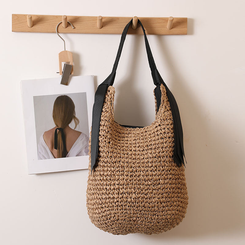 Ribbon Shoulder Straw Bag Large Capacity Solid Color Woven Bag Seaside Vacation Beach Bag Straw Bag One Size Ribbon Crochet Black