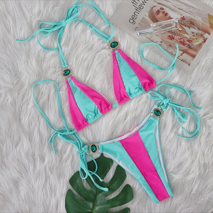 Sexy Crystal Diamond Bikini Solid Color Patchwork Bandage Swimsuit Vacation Split Women Swimsuit Turquoise