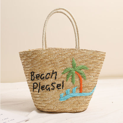 Coconut Embroidery Shoulder Straw Bag Letters Hand-Carrying Woven Bag Vacation Beach Bag Large Capacity Rattan Bag One Size Brown