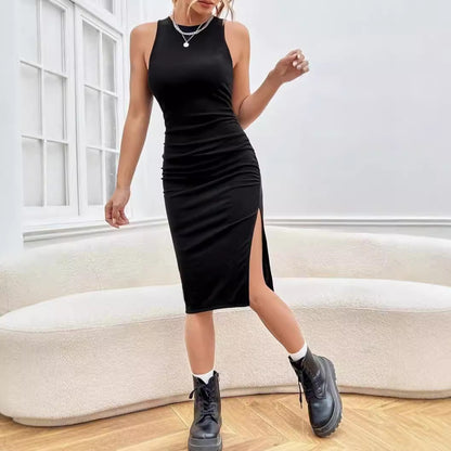 Women Clothing Summer round Neck Sleeveless Tight Waist Hip Split Dress Women