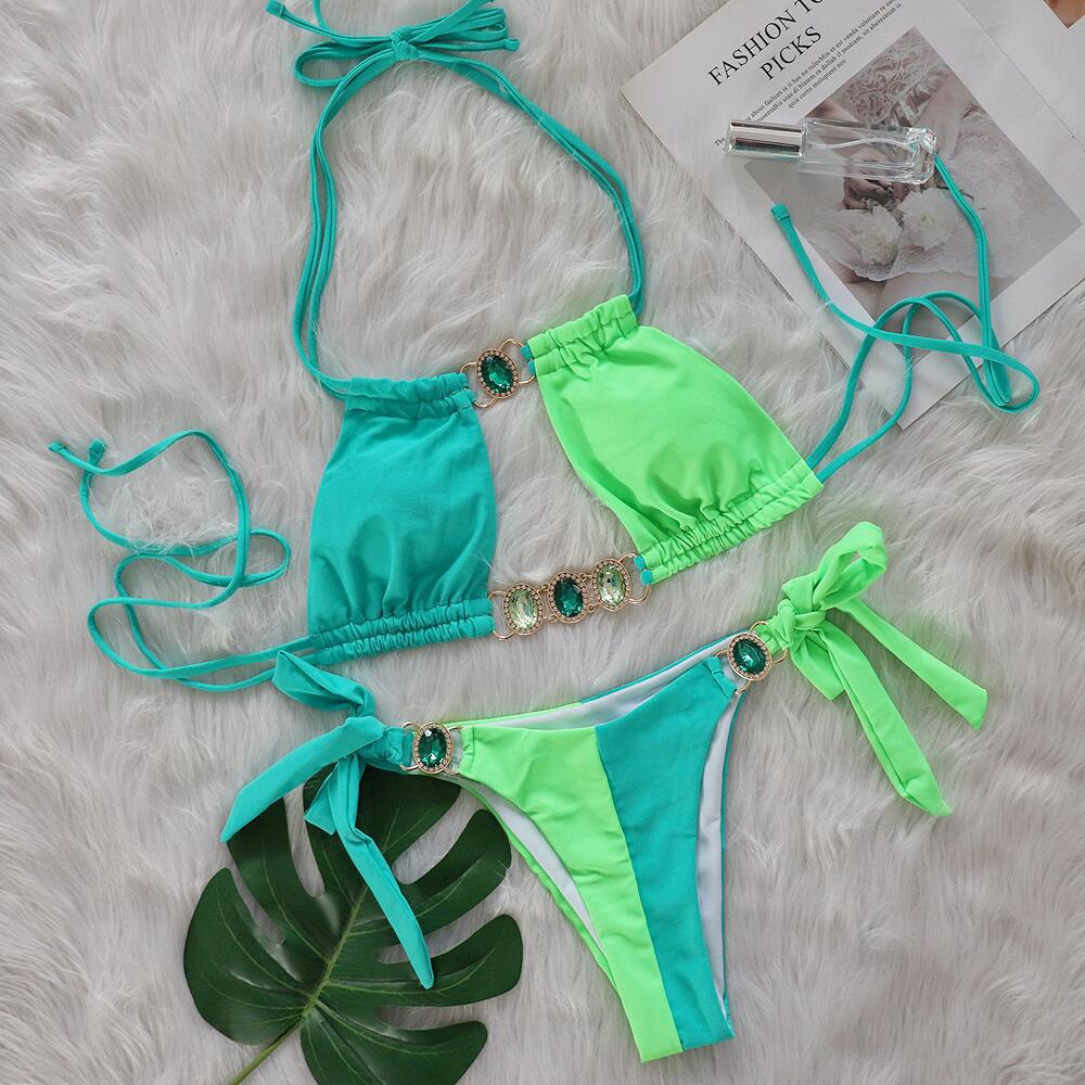 Baizi Crystal Diamond Bikini Sexy Patchwork Strap Women Split Swimsuit 2