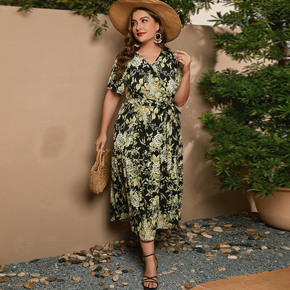 Super Fairy V neck Floral Print Dress Seaside Holiday Beach Loose Waist Long Dress Olive Green