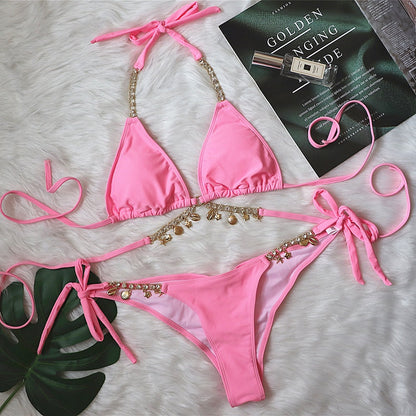 Swimsuit Sexy Lace-up Plain Women Split Crystal Diamond Bikini Creative Accessories Swimsuit Pink