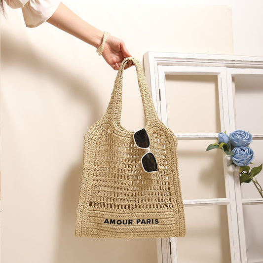 Summer Straw Woven Bag With Lace Up Pattern Suitable For Women Beach Vacation Beach Bag