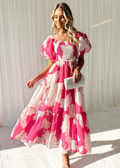 Women Clothing Elegant Floral Print off Shoulder Puff Sleeve Dress Women Multi