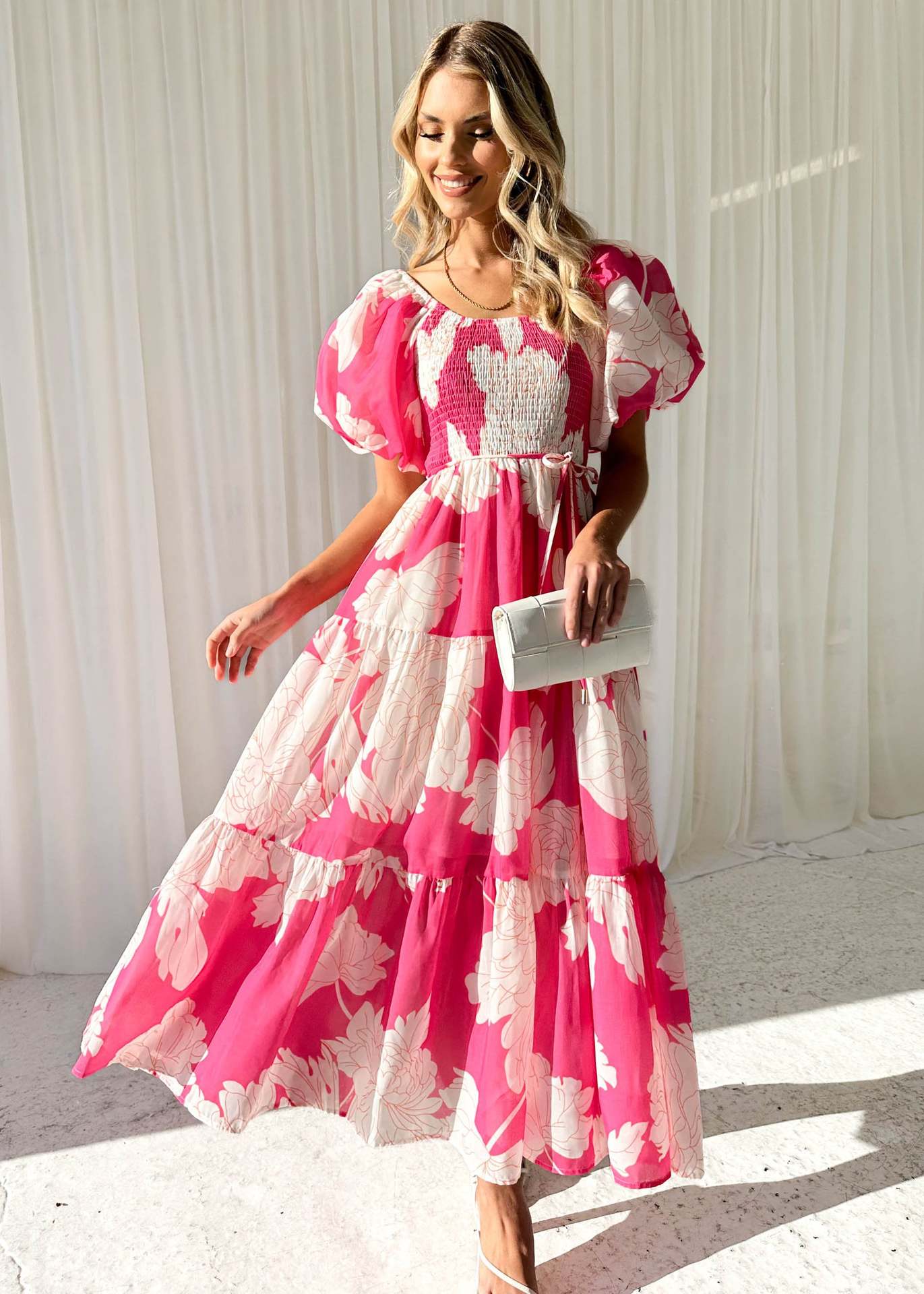 Women Clothing Elegant Floral Print off Shoulder Puff Sleeve Dress Women Multi