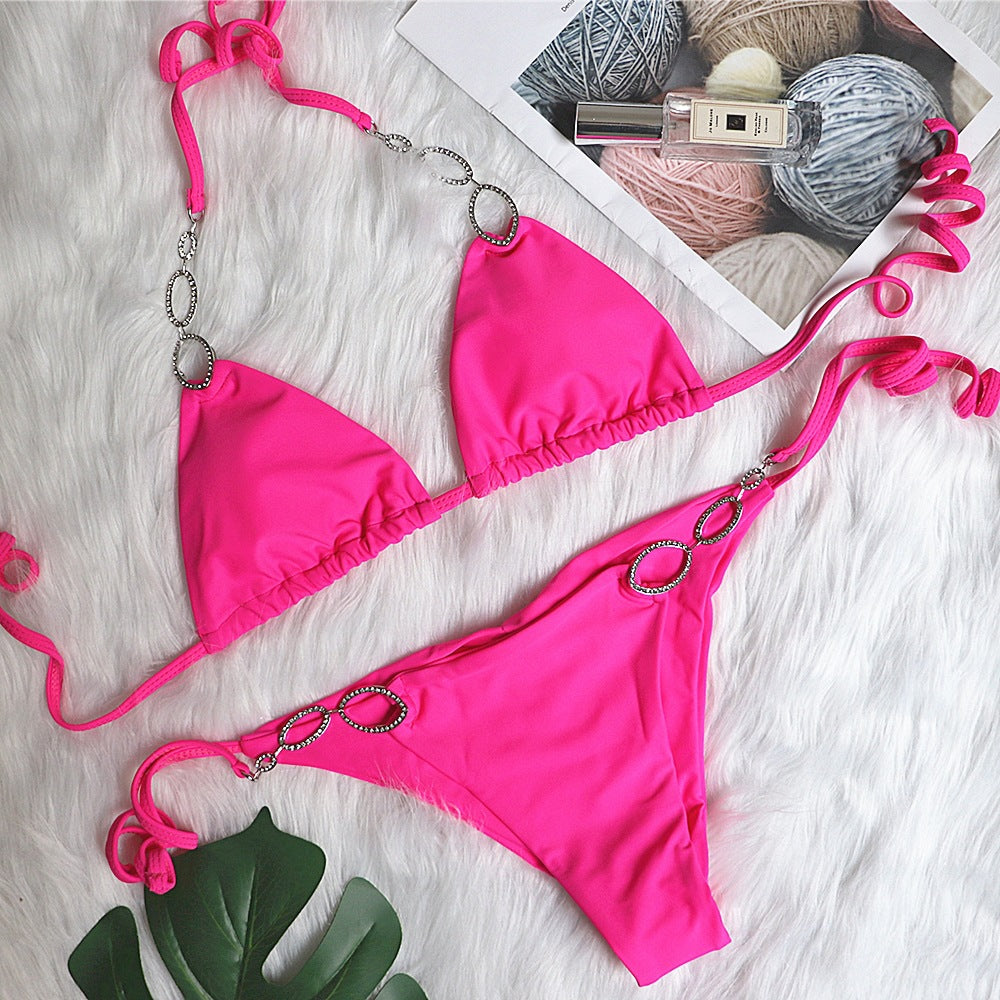 Bikini Sexy Metal Accessories Rhinestone Women Split Swimsuit Plain Bandage Swimsuit Coral Red