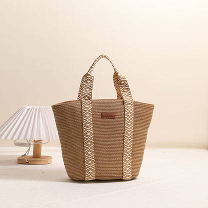 Large Capacity Tote Straw Bag Niche Hand Carrying Woven Bag Women Vacation Beach Bag Handbag One Size Brown