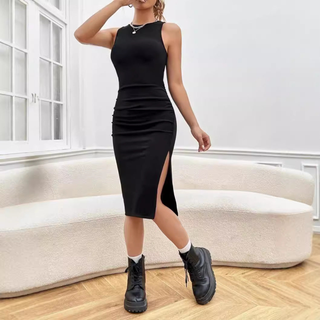 Women Clothing Summer round Neck Sleeveless Tight Waist Hip Split Dress Women