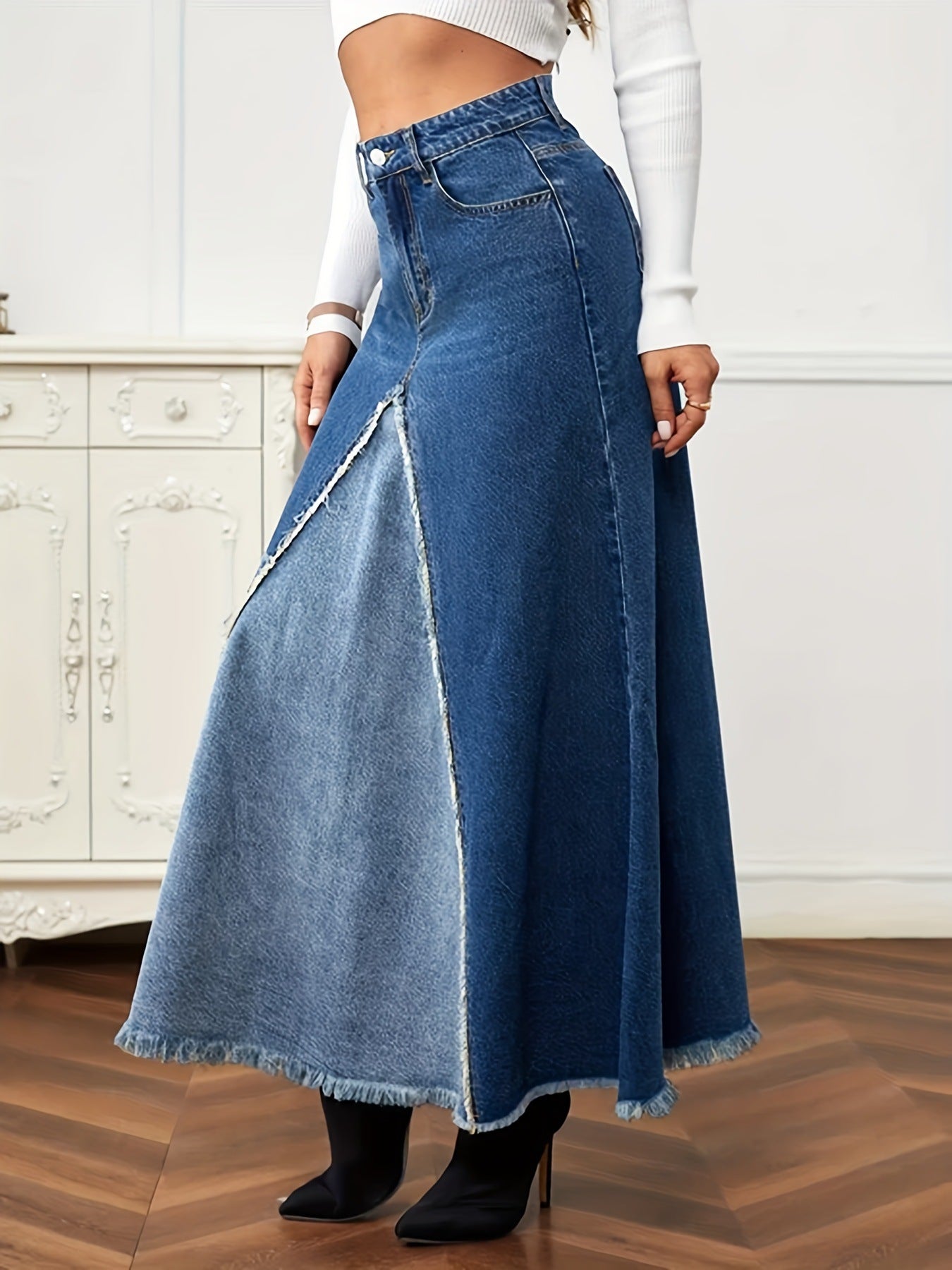 Large Skirt Stitching Umbrella Shaped Dress Navy Blue