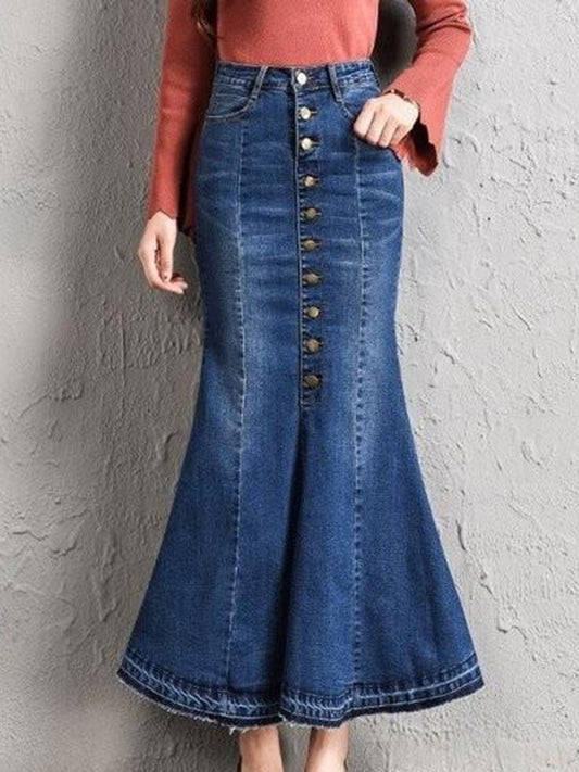 Women Multi Buckle Hip Fishtail Denim Long Skirts Navy Blue
