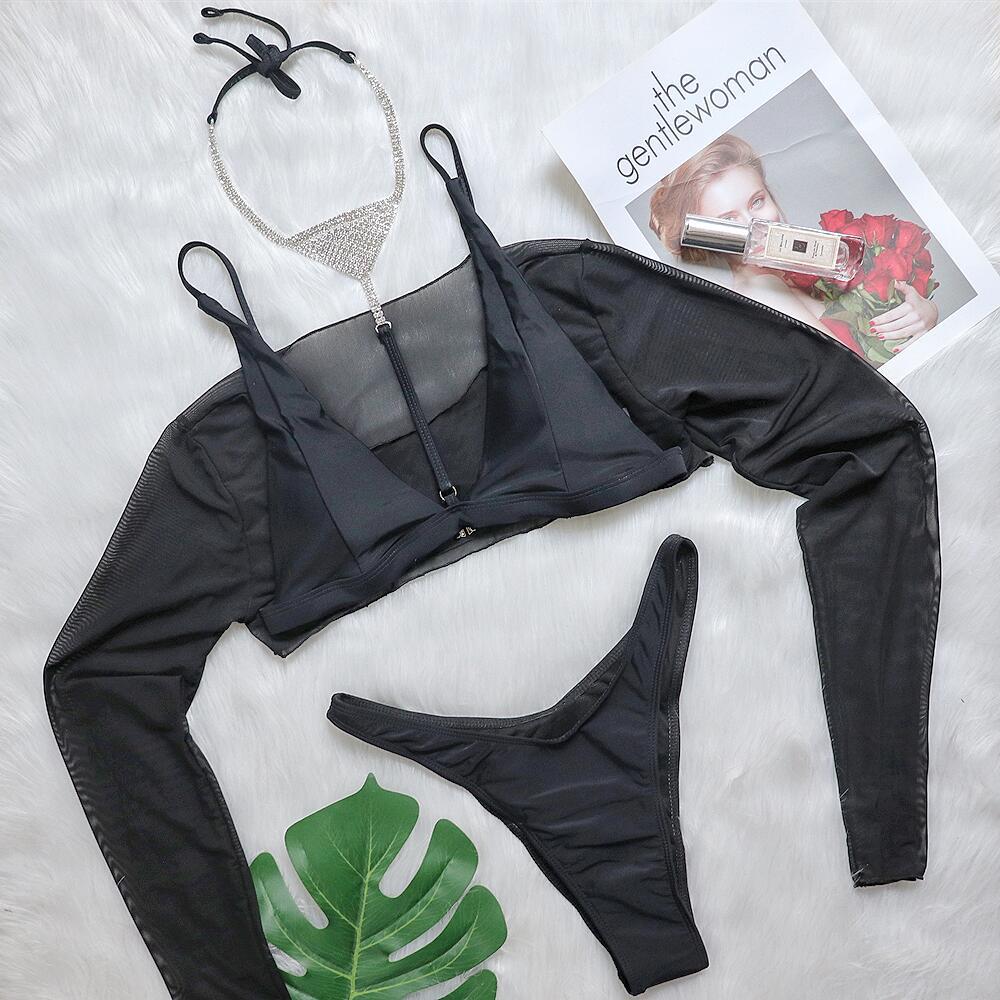Bikini Sexy Luxury Crystal Diamond Necklace Swimsuit Cover Up Three Piece Women Swimsuit Black