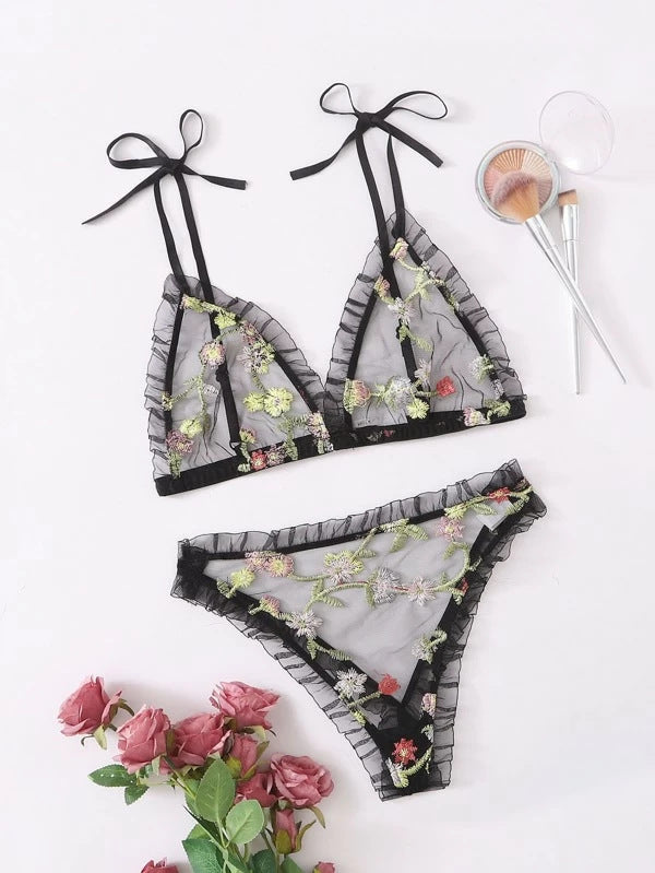 Sexy Lingerie Mesh See-through Lace Sexy Three-Point Sexy Sleepwear Black