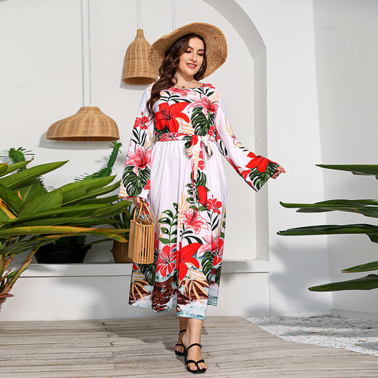 Plus Size Printed Long Sleeve Dress High Waist Lace up Vacation Swing Maxi Dress