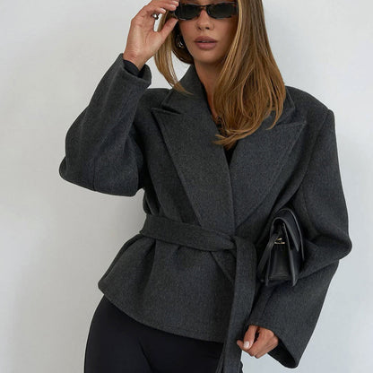 Fall Winter Short Blazer Women All Matching Youthful Looking Lace up Waist Woolen