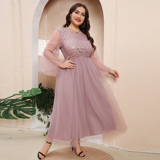 Plus Size Mesh Long Sleeve Dress Evening Dress Women Plump Girls Cocktail Party French Midi Dress
