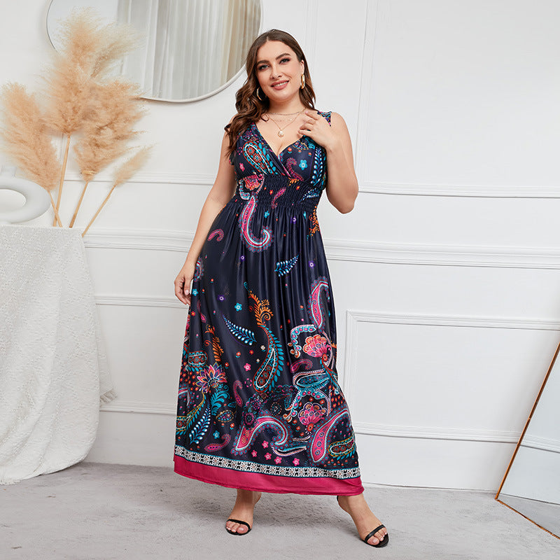 Plus Size Dress Deep V-neck Elastic Waist Girls Cinched Slimming Maxi Dress Cashew Blue