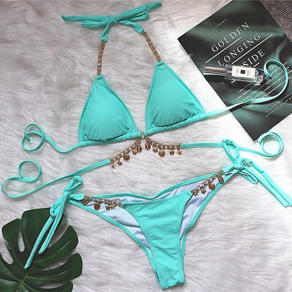 Swimsuit Sexy Lace-up Plain Women Split Crystal Diamond Bikini Creative Accessories Swimsuit Green