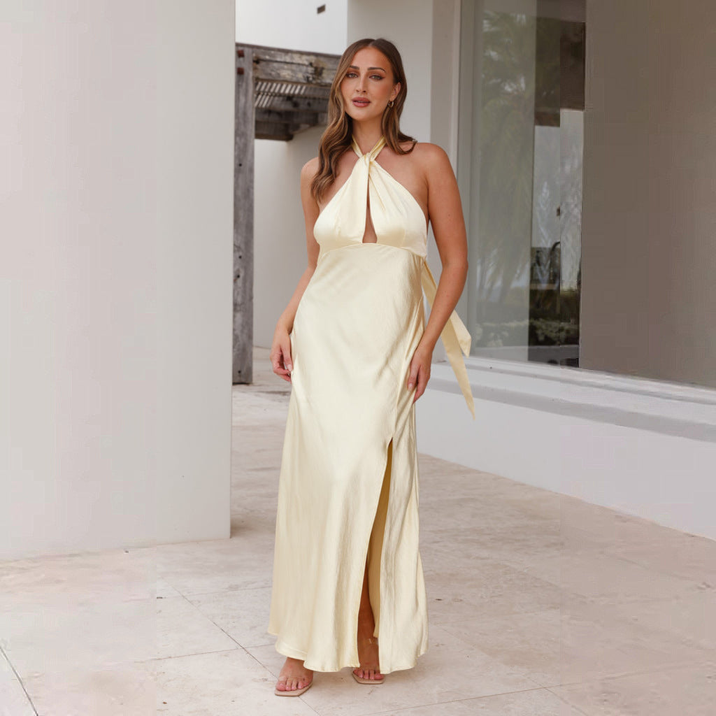 Women Clothing Sexy Solid Color Split Midi Dress Halter Backless Maxi Dress Women