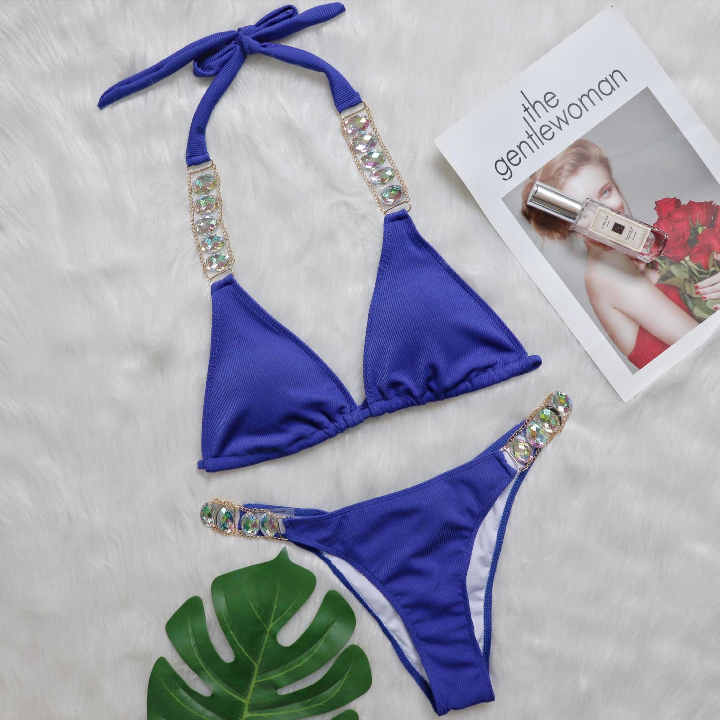 Bikini Plain Women Split Strap Luxury Diamond Swimsuit Sexy Metal Chain Accessories Swimwear Blue