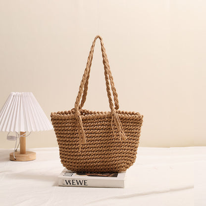 Tassel Shoulder Cotton Thread Woven Bag Solid Color Straw Bag Vacation Beach Bag Casual Women Bag One Size Bean Bag Tassel Coffee