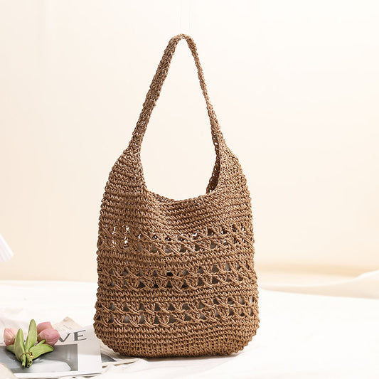 Large Capacity Hollow Out Cutout Shoulder Straw Bag Tote Straw Bag Woven Bag Seaside Vacation Beach Bag Women Bag