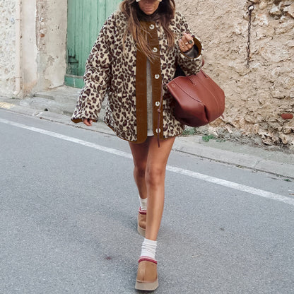 Women Clothing Autumn Polar Fleece Leopard Print Loose Lamb Cashmere Warm Coat
