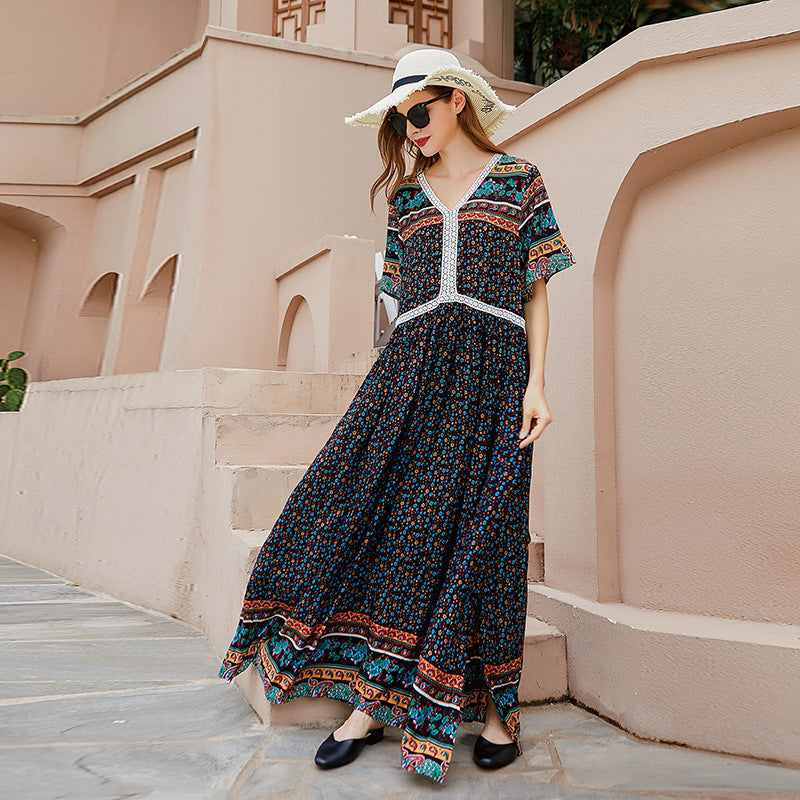 Plus Size V neck Printed Dress Lace Stitching Loose Floral Dress Beach Vacation Beach Dress Classic Black