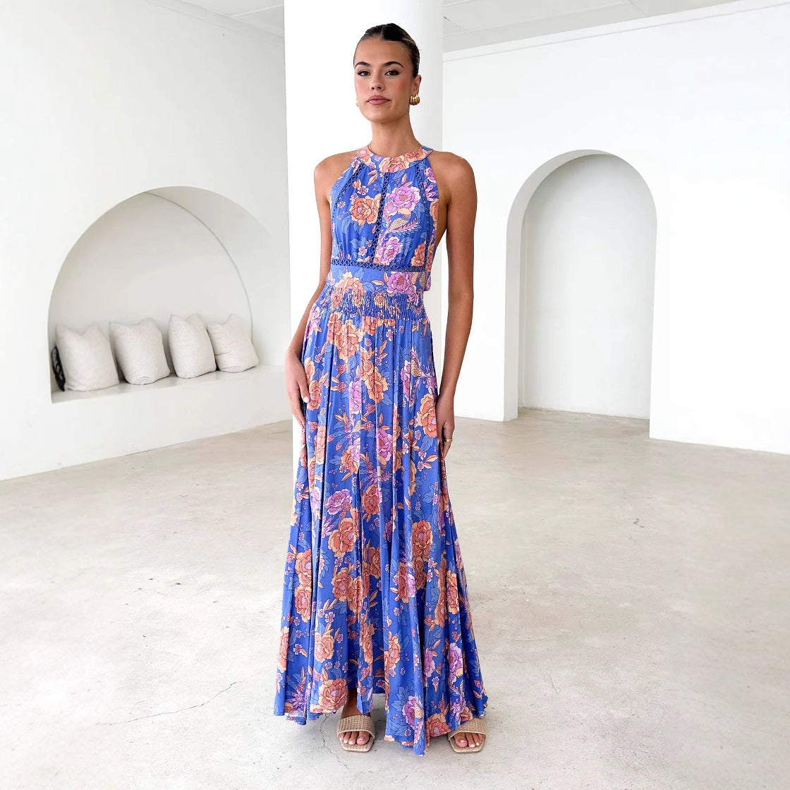 Printed Halter Beach Bohemian High Waist Backless Floral Dress Women Clothing Blue Background Organge Flower