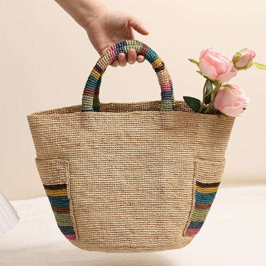 High Grade Raffia Portable Straw Weaved Bag Color Outer Pocket Straw Bag Woven Bag Women Seaside Vacation Beach Bag