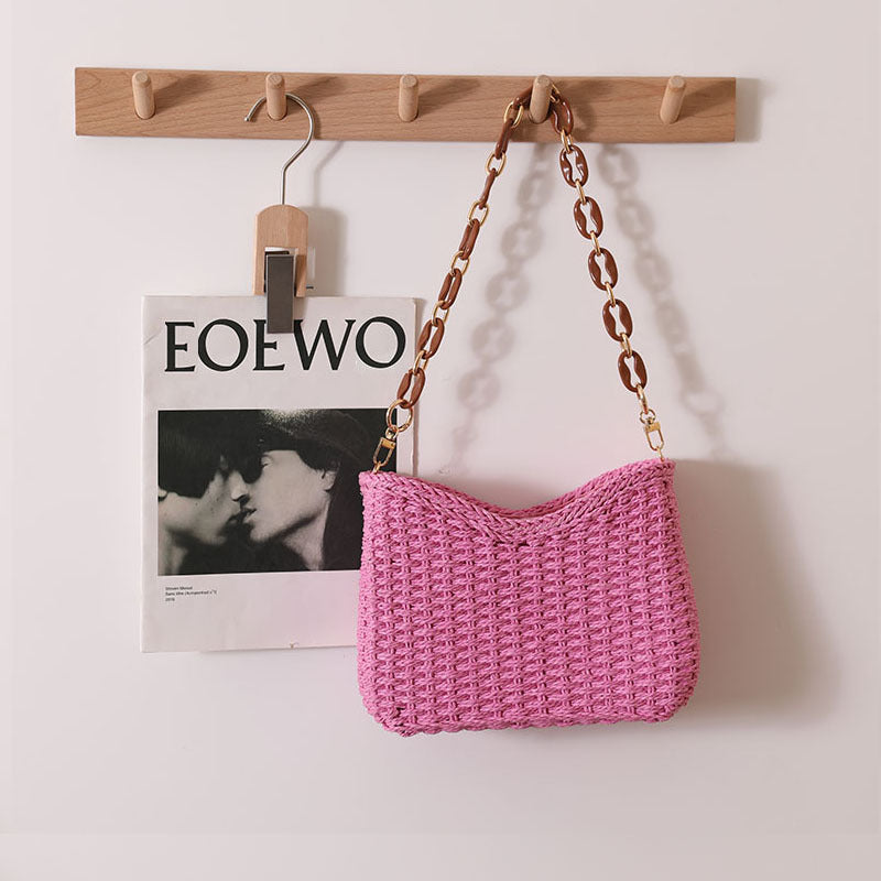 Fresh Purple Straw Bag Woven Bag Women Bag Shoulder Solid Color Straw Bag Seaside Vacation Beach Bag One Size New Year Crescent Pink