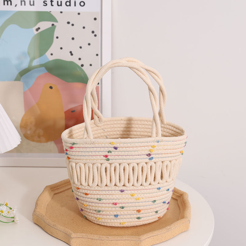 Cute Colorful Beanie Small Basket Niche Hollow Out Cutout Bucket Woven Bag Women Handheld Straw Bag One Size Multi