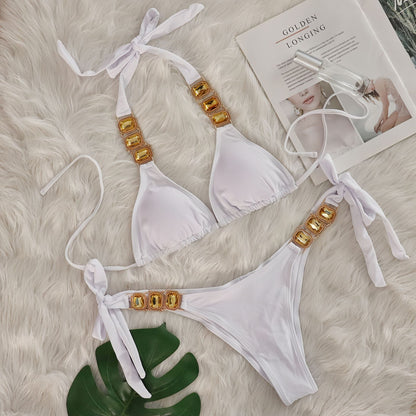 Crystal Diamond Bikini Sexy Women Split Bandage Swimsuit Beach Vacation Swimsuit White