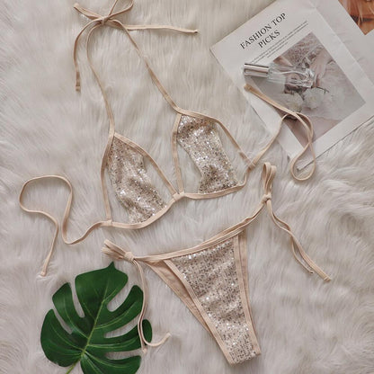 Bikini Sexy Split Sequined Swimsuit Women Lace-up Cutout Beach Swimsuit camel